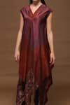 Buy_Clos_Maroon Dupion Silk Printed Floral V Neck Asymmetric Kurta And Pant Set _Online_at_Aza_Fashions