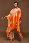 Clos_Orange Dupion Silk Floral Print Collared Neck Kaftan Kurta And Pant Set _Online_at_Aza_Fashions