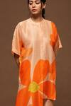 Clos_Orange Dupion Silk Floral Print Band Asymmetric Kurta And Pant Set _Online_at_Aza_Fashions