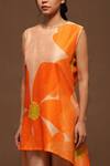 Clos_Orange Dupion Silk Floral Print Round Asymmetric Kurta And Pant Set _Online_at_Aza_Fashions
