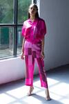Buy_Clos_Pink Dupion Silk Printed Abstract V Neck Top And Pant Set _at_Aza_Fashions