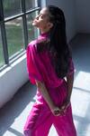 Shop_Clos_Pink Dupion Silk Printed Abstract V Neck Top And Pant Set _at_Aza_Fashions