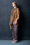 Clos_Gold Dupion Silk Printed Abstract Mandarin Collar Kaftan Tunic And Pant Set _Online_at_Aza_Fashions