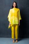 Buy_Clos_Yellow Dupion Silk Abstract, Geometric Mandarin Asymmetric Hem Tunic And Pant Set _at_Aza_Fashions
