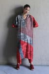 Buy_Clos_Red Dupion Silk Abstract, Geometric Notched Spread Printed Tunic And Pant Set _at_Aza_Fashions