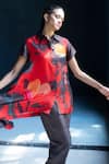 Buy_Clos_Red Dupion Silk Abstract, Geometric Shirt Collar Asymmetric Hem Tunic And Pant Set _at_Aza_Fashions