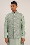 Buy_Dhruv Vaish_Green Raw Silk Embroidered Floral Thread Jawahar Jacket  _Online_at_Aza_Fashions