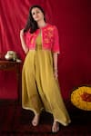 Shop_Nini Mishra_Green Raw Silk Block Print Dress With Embroidered Cropped Jacket_at_Aza_Fashions
