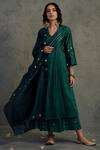 Buy_Charkhee_Green Cotton, Chanderi V Neck Pleated Kurta Set _at_Aza_Fashions
