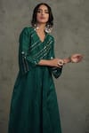 Shop_Charkhee_Green Cotton, Chanderi V Neck Pleated Kurta Set _Online_at_Aza_Fashions