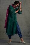 Charkhee_Green Cotton, Chanderi V Neck Pleated Kurta Set _Online_at_Aza_Fashions