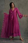 Buy_Charkhee_Pink Cotton, Chanderi V Neck Pleated Kurta Set _at_Aza_Fashions