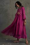 Charkhee_Pink Cotton, Chanderi V Neck Pleated Kurta Set _Online_at_Aza_Fashions