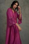 Buy_Charkhee_Pink Cotton, Chanderi V Neck Pleated Kurta Set _Online_at_Aza_Fashions