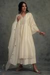 Buy_Charkhee_White Cotton, Chanderi V Neck Pleated Kurta Set _at_Aza_Fashions