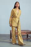 Buy_Drishti & Zahabia_Green Dupion Silk Embroidery Lapel Collar Printed Blazer And Pant Set _at_Aza_Fashions