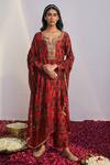 Buy_Drishti & Zahabia_Red Dupion  Dupatta Organza Round Floral Print Kurta Set_at_Aza_Fashions