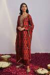Shop_Drishti & Zahabia_Red Dupion  Dupatta Organza Round Floral Print Kurta Set_at_Aza_Fashions