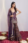 Buy_Drishti & Zahabia_Purple Dupion Silk Dupatta Net Embroidery V Floral Print Kurta Sharara Set _at_Aza_Fashions