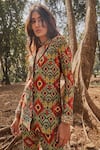 Buy_Drishti & Zahabia_Green Chanderi Silk Flap Lapel Ikat Print Jacket And Pant Set For Women_Online_at_Aza_Fashions