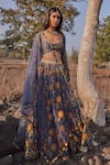 Buy_Drishti & Zahabia_Blue Chanderi Silk Scoop Neck Ikat Print Lehenga Set _at_Aza_Fashions