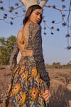 Shop_Drishti & Zahabia_Blue Chanderi Silk Scoop Neck Ikat Print Lehenga Set _at_Aza_Fashions