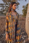 Drishti & Zahabia_Blue Chanderi Silk Notched Lapel Ikat Print Jacket And Pant Set _Online_at_Aza_Fashions