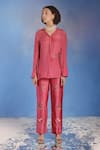 Buy_Eclat by Prerika Jalan_Pink Crepe Embroidered Bead Work Straight Collar Pant Set And Belt _at_Aza_Fashions