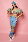 Esha L Amin_Blue Denim Patchwork Geometric Pant _Online_at_Aza_Fashions