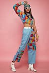 Buy_Esha L Amin_Blue Denim Patchwork Geometric Motifs Patched Pant _at_Aza_Fashions