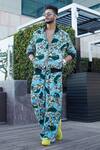 Buy_Esha L Amin_Blue Crepe Leaf Motifs Printed Bomber Jacket And Pant Set _at_Aza_Fashions