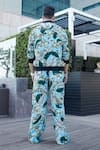 Shop_Esha L Amin_Blue Crepe Leaf Motifs Printed Bomber Jacket And Pant Set _at_Aza_Fashions