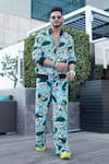 Esha L Amin_Blue Crepe Leaf Motifs Printed Bomber Jacket And Pant Set _Online_at_Aza_Fashions