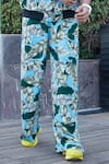 Buy_Esha L Amin_Blue Crepe Leaf Motifs Printed Bomber Jacket And Pant Set _Online_at_Aza_Fashions