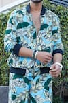 Shop_Esha L Amin_Blue Crepe Leaf Motifs Printed Bomber Jacket And Pant Set _Online_at_Aza_Fashions