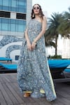 Buy_Esha L Amin_Blue Crepe Floral, Leaf Motifs Asymmetric Printed Kaftan_at_Aza_Fashions