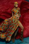 Buy_Esha L Amin_Orange Modal Satin Beads And Abstract Pattern Round D-ring Crop Top _at_Aza_Fashions