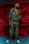 Buy_Esha L Amin_Blue Modal Satin Abstract Motifs Pattern Bomber Pant _at_Aza_Fashions