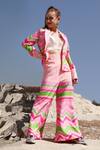 Shop_Shloka Sudhakar_Pink Chinnon Crepe Silk Embroidery Printed Blazer And Flared Pant Set  _at_Aza_Fashions
