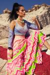 Shloka Sudhakar_Blue Denim, Chinnon Crepe Silk V Neck Printed Lehenga Set _Online_at_Aza_Fashions