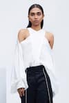 Shop_Echostudio_White Sandwash Satin V Neck Cold Shoulder Top _Online_at_Aza_Fashions