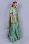 Ekru_Blue Linen Satin Inner Top Round Peplum Top Leaf Raw Silk Kurta Lehenga Set _Online_at_Aza_Fashions