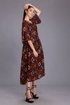 Alpona Designs By Soham Acharya_Maroon Cotton Silk Floral V Neck Print Tiered Dress _Online_at_Aza_Fashions