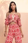 House of eda_Red Printed Linen Crop Top_Online_at_Aza_Fashions