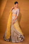 Shop_Esha Koul_Yellow Chanderi Embroidery Leaf Neck Lehenga Set _at_Aza_Fashions