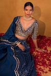 Esha Koul_Blue Chanderi Embroidery V Neck Lehenga Set _Online_at_Aza_Fashions