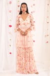 Buy_Esha Koul_Pink Organza, Georgette, Semi Crepe Floral Motifs V Neck Print Kurta Sharara Set_at_Aza_Fashions
