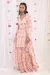 Esha Koul_Pink Organza, Georgette, Semi Crepe Floral Motifs V Neck Print Kurta Sharara Set_Online_at_Aza_Fashions