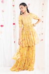 Esha Koul_Yellow Georgette Printed Floral Motifs Boat Kurta Sharara Set _Online_at_Aza_Fashions