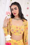 Esha Koul_Yellow Georgette Printed Floral Motifs Scoop Neck Jacket And Sharara Set _Online_at_Aza_Fashions